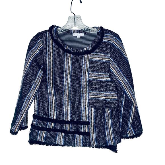 Anthropologie Current Air black striped fringed sweater size Small - Picture 1 of 9